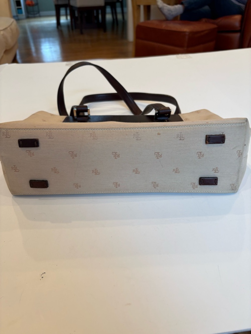 Ralph Lauren Cream Canvas Tote with Brown Leather Trim/inside is excellent - Picture 7 of 12